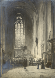 500863 Interieur van de Jacobikerk (Jacobskerkhof) te Utrecht: de noorderlijke zijbeuk met een groot aantal mensen ...